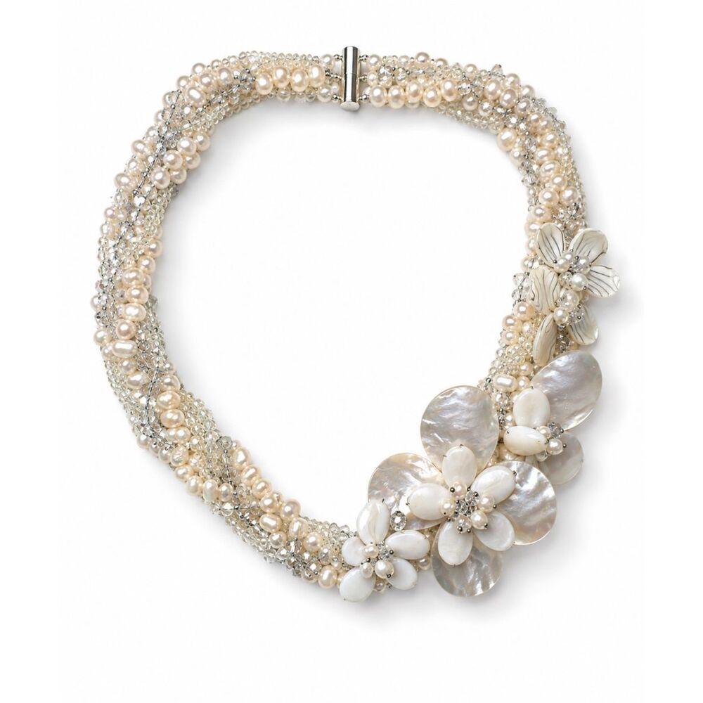Shell Pearl Crystal Floral Statement Necklace Magnetic Closure